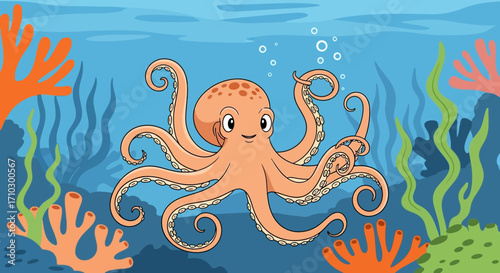 Cartoon octopus swimming in the ocean with tentacles.