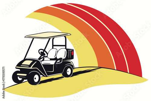 Retro golf cart driving under a stylized sunset arc