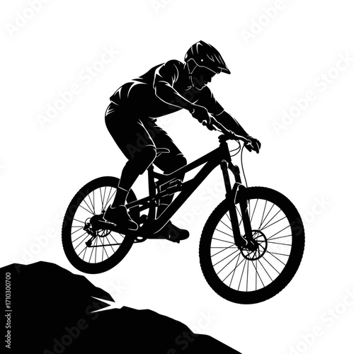 Silhouette of a mountain biker in action, descending a steep, rocky slope with a full suspension bicycle.