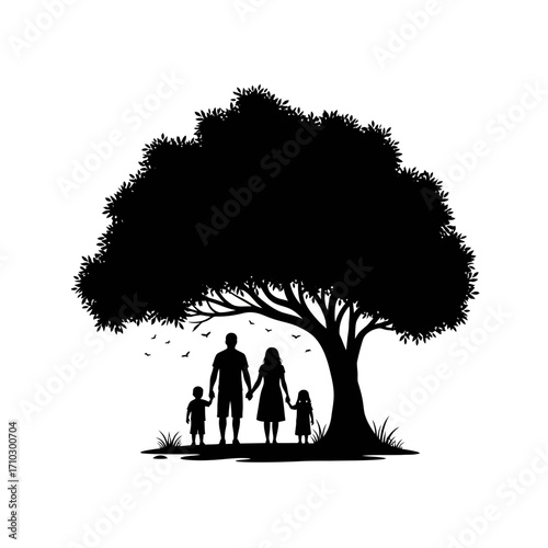 Silhouette of a family of four holding hands under a large tree, with birds flying around.