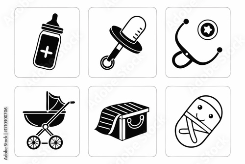 Collection of baby care icons including a bottle pacifier stethoscope stroller and baby