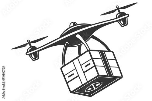 Drone delivering a package with propellers spinning