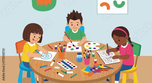 Children engaged in art class drawing and painting at a round table.
