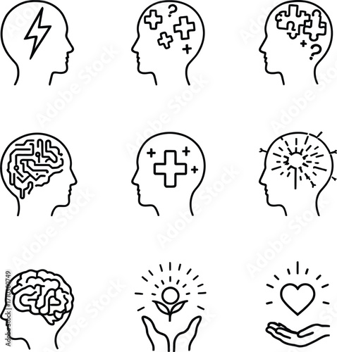 Collection of head icons representing mental health and well being on a white isolated background