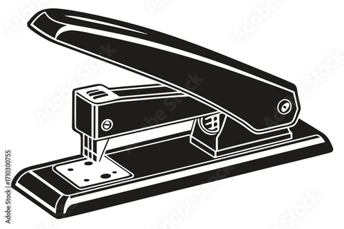 Black and white illustration of a stapler on a white background