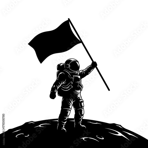 A black and white graphic illustration of an astronaut in a spacesuit standing on the moon's cratered surface holding a flag.