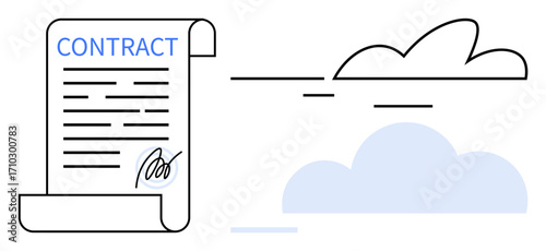 Contract document with signature and minimalist cloud symbols emphasizes secure digital storage, collaboration, and online solutions. Ideal for legal tech, business agreement, digital workflow