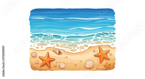 A cartoon sandy beach with starfish and seashells meeting turquoise water waves illustration