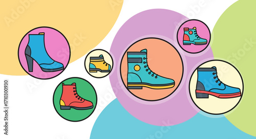 Collection of colorful boot icons in a flat design style.