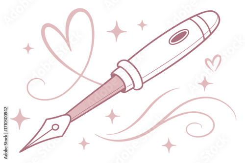 Elegant fountain pen with hearts and sparkles illustration