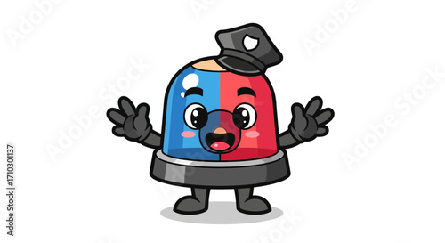 Adorable cartoon police siren character radiating cheerfulness and approachability on white