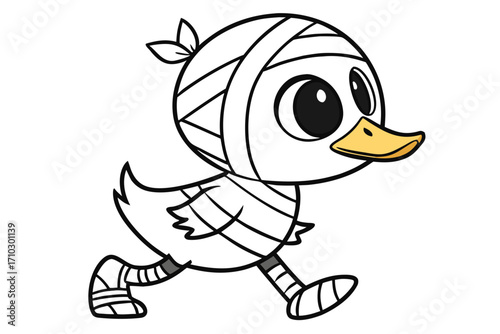 Cute cartoon duckling dressed as a mummy running