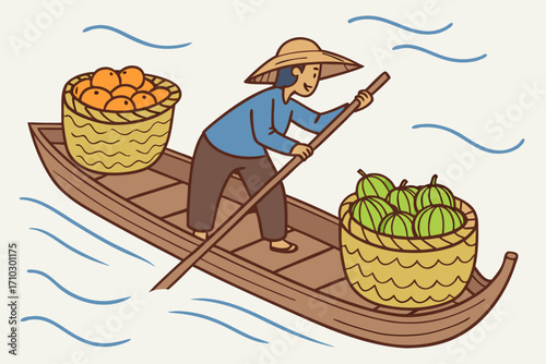 Person in a boat with fruit baskets rowing on water
