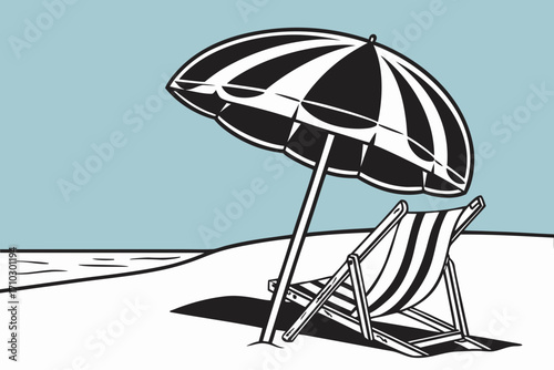 Minimalist beach scene with striped umbrella and deck chair