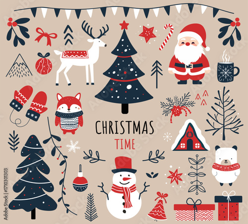 Simple christmas set. Minimal winter illustrations in red blue. Flat festive design. Merry Christmas with Santa, animals, houses, trees.