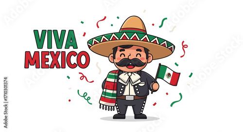 Animated mexican character celebrates national pride with bright confetti and flag waves its