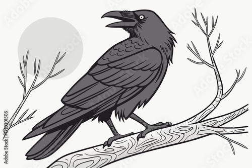A black raven perched on a branch against a pale moon background