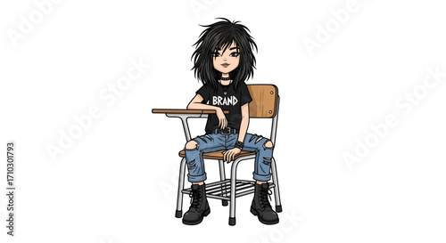 Cartoon girl with edgy style sitting on a school desk showing off her brand tee