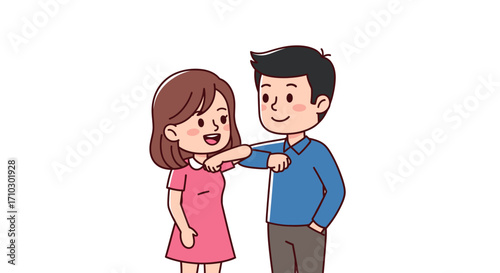 Cartoon illustration showcasing a safe greeting between a young couple,promoting health awareness
