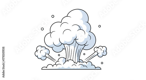 Cartoon white explosion with outline and radial smoke emanating from a central blast