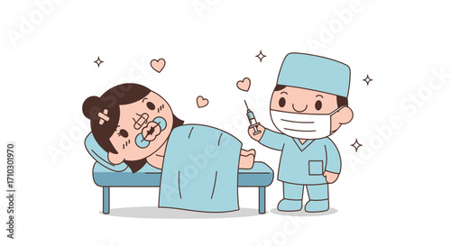 Cartoonish depiction of a doctor about to inject a patient with hearts and stars