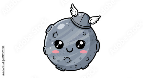 Charming kawaii moon illustration with a winged helmet floating on a white background