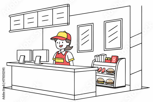 Friendly cartoon cashier smiling behind a counter in a fast food restaurant