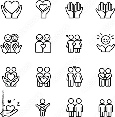 Collection of black and white line art icons depicting love care and relationships on a white background