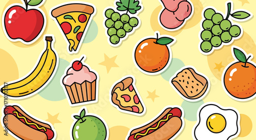Colorful collection of cute cartoon food stickers and icons.