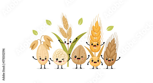 Cheerful grain characters showcasing a variety of nutritious and healthy cereal grains