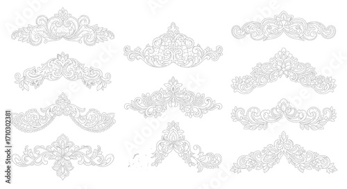 Collection of elegant decorative elements in white contours against a white background