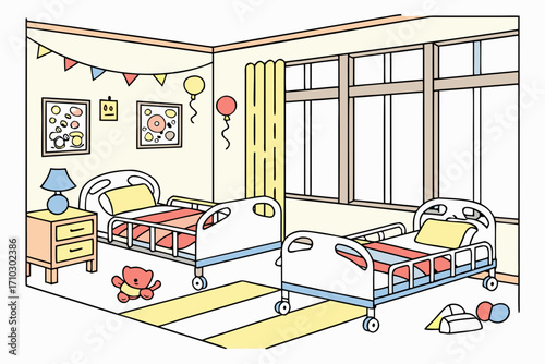 Childrens hospital room with beds and toys for recovery and healing