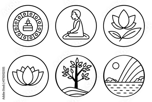 Set of six circular icons representing meditation yoga nature and spiritual growth