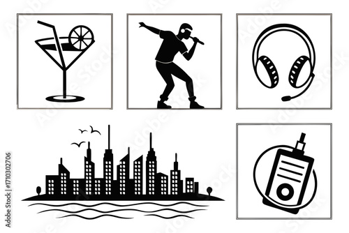 Collection of black and white icons representing entertainment and city life
