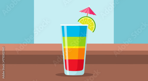 Colorful layered cocktail drink with lime and umbrella decoration.
