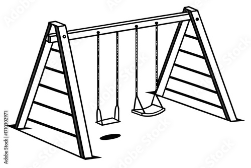 Simple line drawing of a wooden swing set with two seats