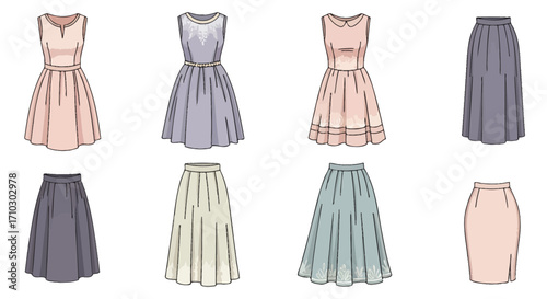 Diverse collection of dresses and skirts in soft pastel hues, offering style choices