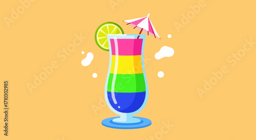 Colorful layered cocktail with lime and umbrella on a pedestal.