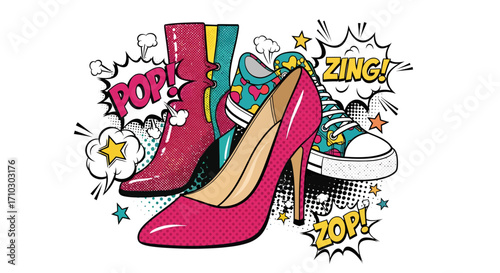 Dynamic shoe collection in vibrant pop art style with comic book design elements