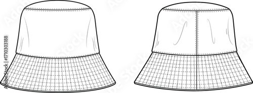 Bucket hat technical sketch, front and back view, fashion accessory design, stitched brim detail, garment blueprint, vector illustration, CAD drawing