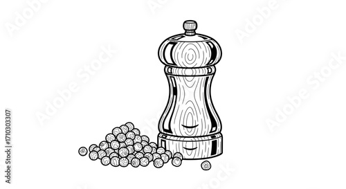 Elegant pepper grinder illustration alongside peppercorns on a pristine white background with