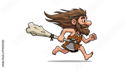 Energetic caveman sprints across the prehistoric landscape clutching his sturdy club weapon