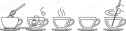 Tea Making Process Vector Illustration, Step by Step Brewing Guide, Black Line Art, Simple Kitchen Instruction, Hot Drink Preparation Sequence