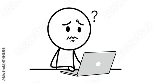 Frustrated stick figure in front of a computer with question mark overhead