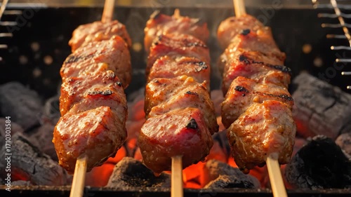 Juicy marinated meat skewers grilling over glowing charcoal on a barbecue, capturing the sizzling sound and smoky aroma of outdoor cooking at sunset, with golden hues and mouthwatering textures.