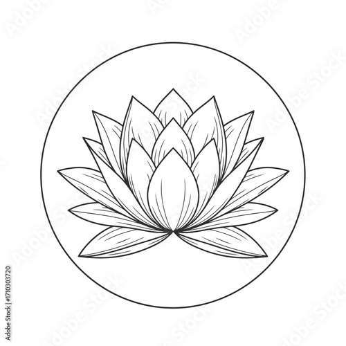 Elegant black and white lotus flower line art illustration in a circle. Symbol of purity, yoga, and spiritual wellness