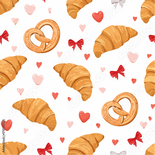 Bakery and pastry seamless pattern. Croissant, bread roll, sweet goods and bows with hearts for patterns, prints, wallpapers and product design. Hand drawn vector illustration. 