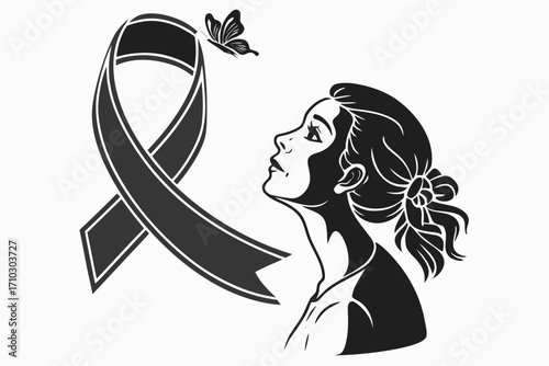 Woman looking up at awareness ribbon and butterfly symbol