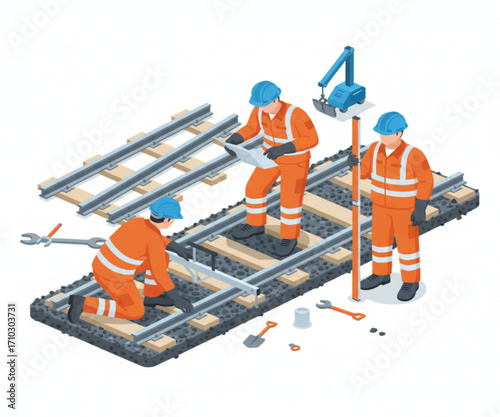 Isometric Vector Illustration of Railway Construction Workers Installing Train Tracks with Tools and Safety Equipment

