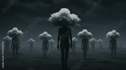 Surreal figures with cloud heads in dark landscape